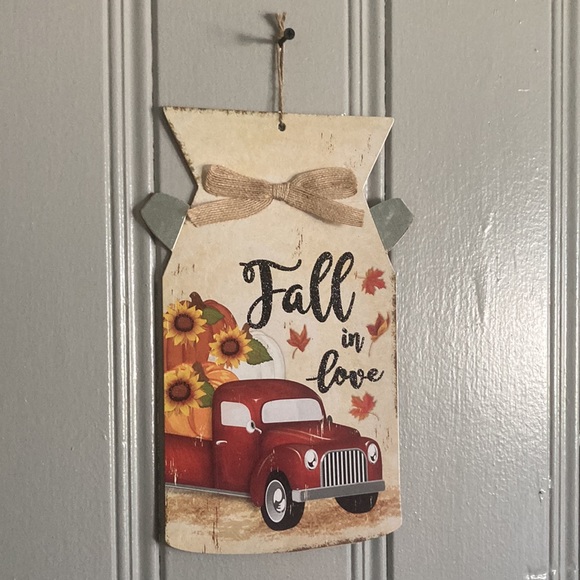 NWT Glittered FALL IN LOVE Harvest Red Farm Truck Wood Milk Jug Decoration Sign - Picture 8 of 17